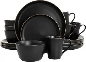 Elama Paul 16 Piece Stoneware Dinnerware Set in Matte Black with Gold Rim