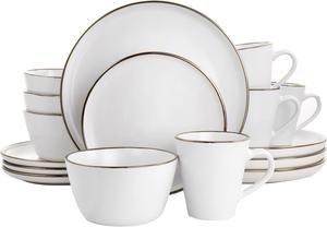 Elama Arthur 16 Piece Stoneware Dinnerware Set in Matte White with Gold Rim