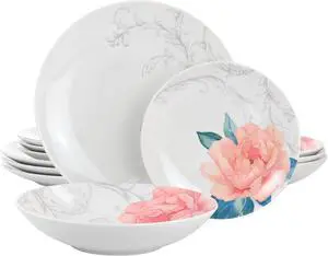 Martha Stewart 12 Piece Fine Ceramic Floral Dinnerware Set in White