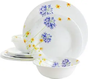 Gibson Violet Floral 12 Piece Tempered Opal Glass Dinnerware Set