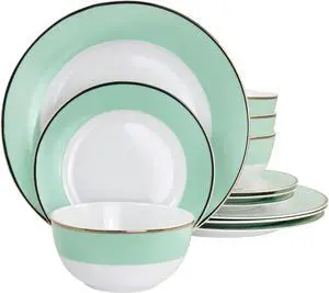 Martha Stewart Gold Rimmed 12 Piece Fine Ceramic Dinnerware Set in Mint
