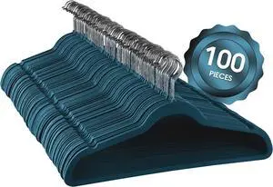 100 Piece Set of Velvet Slim Profile Heavy Duty Felt Hangers with Stainless Steel Swivel Hooks in Blue