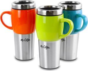 Mr Coffee Traverse 3 Piece 16 Ounce Stainless Steel and Ceramic Travel Mug and Lid in Red Blue and Green