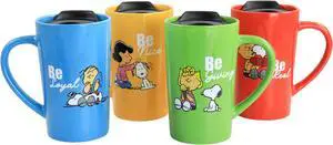Peanuts Gentle Reminders Stoneware 4 Piece 18oz Travel Cups in Assorted Designs