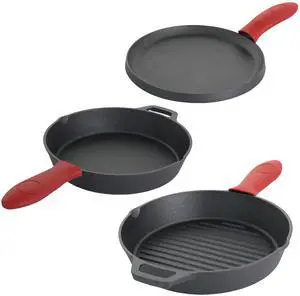 MegaChef Pre-Seasoned Cast Iron 6 Piece Set with Red Silicone Holders