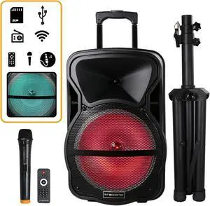 Trexonic Combination 12 Inch Bluetooth Portable Speaker and Tripod Stand with Reactive Lights, FM Radio and USB/TF Inputs