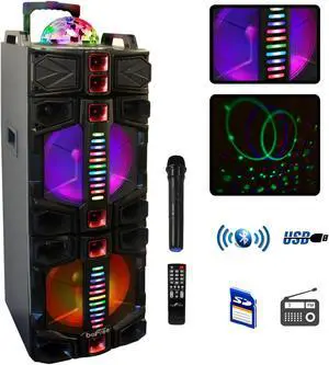 BeFree Sound Dual 12 Inch Subwoofer Bluetooth Portable Party Speaker With LED Lights, USB/ SD Input,Rechargeable Battery, Remote Control And Wireless Microphone