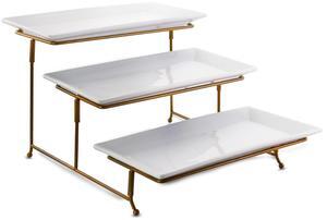 Gibson Elite Gracious Dining 3 Tiered Rectangle Porcelain Plate Set with Gold Metal Stand