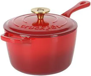 Crock-Pot Artisan 3 Quart Enameled Cast Iron Saucepan with Lid in Red and Gold