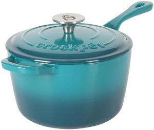 Crock-Pot Artisan 3 Quart Enameled Cast Iron Saucepan with Lid in Teal and Silver