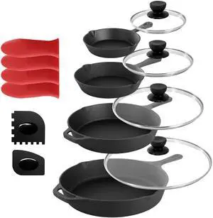 MegaChef 13 Piece Cast Iron Skillet Set with Tempered Glass Lids and Silicone Holders