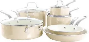 Martha Stewart Lockton Premium 10 Piece Enameled Heavy Gauge Aluminum Ceramic Nonstick Cookware Set in Butter Cream
