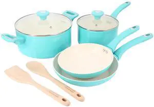 Martha Stewart Everyday Rexford 8 Piece Ceramic Nonstick Aluminum Cookware Set in Teal