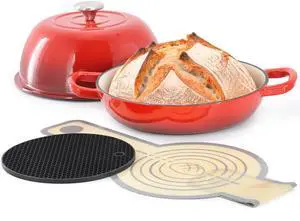 MegaChef 6 Quart Enameled Cast Iron Bread Pot in Red with Baking Mat