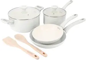 Martha Stewart Everyday Rexford 8 Piece Ceramic Nonstick Aluminum Cookware Set in Linen