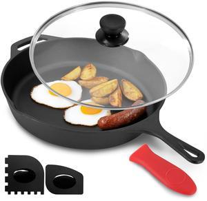 MegaChef 12 Inch Pre-Seasoned Cast Iron Skillet with Tempered Glass Lid