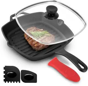 MegaChef 10.4 Inch Pre-Seasoned Cast Iron Griddle with Tempered Glass Lid
