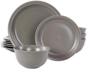 Gibson Home Siam 12 Piece Round Stoneware Dinnerware Set in Warm Grey