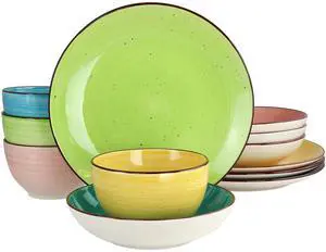 Elama Hudson 12 Piece Double Bowl Stoneware Dinnerware Set in Assorted Colors