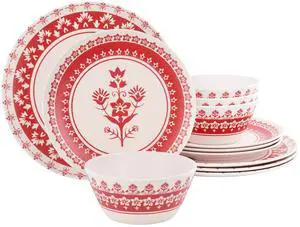 Martha Stewart 12 Piece Round Bamboo Fiber Dinnerware Set in Red