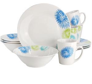 Gibson Home Blue Meadow 12 Piece Fine Ceramic Dinnerware Set in White with Colored Accents