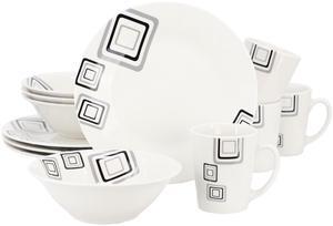 Gibson Home Black Squares 12 Piece Round Fine Ceramic Dinnerware Set in White