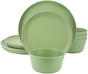 Gibson Home Fairhope 12 Piece Melamine Round Dinnerware Set in Matte Green