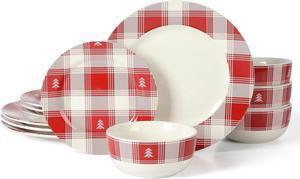 Martha Stewart 12 Piece Plaid Decorated Round Stoneware Dinnerware Set in Red and White