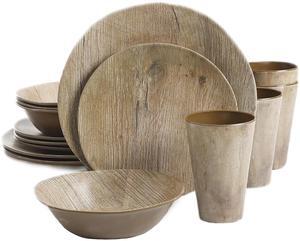 Gibson Elite Woodlands 16 Piece Melamine Wood Grain Decal Dinnerware Set