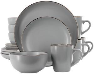 Gibson Home Rockaway 16 Piece Gold Rimmed Dinnerware Set in Grey