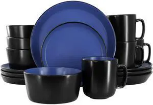 Elama Bacarra 16 Piece Stoneware Dinnerware Set in Two Tone Black and Blue