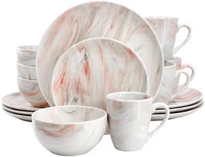 Elama Fine Marble 16 Piece Porcelain Dinnerware Set in Red and Gray