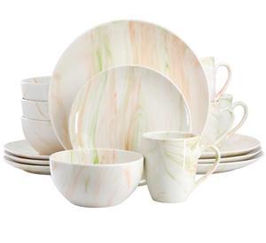 Elama Fine Marble 16 Piece Porcelain Dinnerware Set in Orange and Green