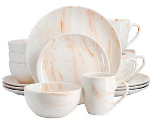 Elama Fine Marble 16 Piece Porcelain Dinnerware Set in Orange