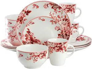 Elama Traditional Red Rose 16 Piece Stoneware Dinnerware Set