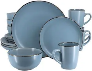 Gibson Home Rockaway 16 Piece Stoneware Metallic Rim Dinnerware Set in Matte Blue