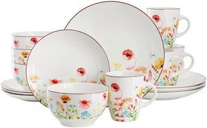 Elama Wildflower Meadow 16 Piece Stoneware Dinnerware Set in White and Multi