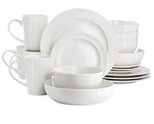 Elama Nikki 18 Piece Ribbed White Porcelain Dinnerware and Serving Bowl Set