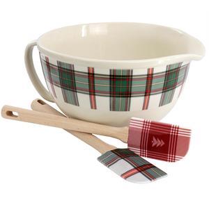 Martha Stewart 3 Piece Holiday Plaid Stoneware 3.4qt Batter Bowl Set with Silicone Spatulas in White