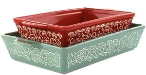 Laurie Gates 2 Piece Tierra Wax Relief Stoneware Baker Set in Red and Mint