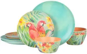 Laurie Gates Tropical Parrots 12 Piece Melamine Dinnerware Set in Assorted Designs
