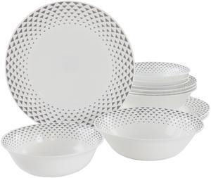 Ultra by Gibson Cane Peak 12 Piece Opal Glass Dinnerware Set in White With Grey Accents