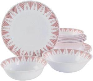 Ultra by Gibson Piper Point 12 Piece Opal Glass Dinnerware Set in White With Red Accents