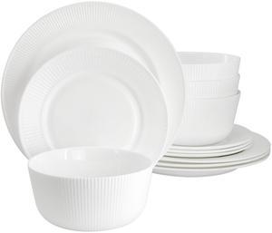 Ultra by Gibson Swanton Stripe 12 Piece Break-Resistant Opal Glass Dinnerware Set in White