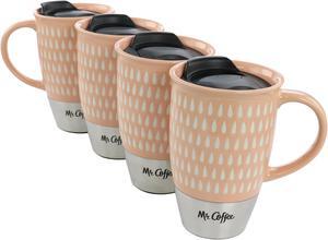 Mr. Coffee Coupleton Teardrop 4 Piece 15 Ounce Stoneware and Stainless Steel Travel Mug Set with Lid in Peach
