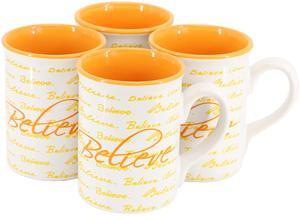 Gibson Home Inspirational Words Believe 4 Piece 16 Ounce Stoneware Mug Set in Orange