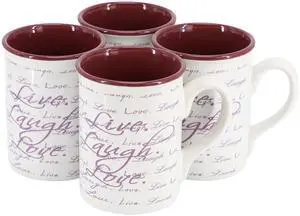Gibson Home Inspirational Words Live, Laugh, Love 4 Piece 16 Ounce Stoneware Mug Set in Purple