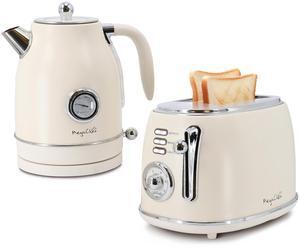 MegaChef 1.7 Liter Electric Tea Kettle and 2 Slice Toaster Combo in Matt Cream