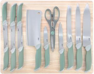 Oster Linbergh 14 Piece Stainless Steel Cutlery and Cutting Board Set in Green with Soft-Grip Handles