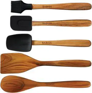 Babish 5 Piece Wood and Silicone Essential Kitchen Tool Set in Brown